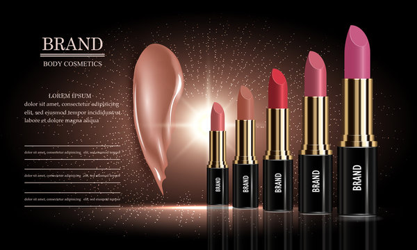 Cosmetics ad set of female lipstick cream packaging different various of colors and liquid smear for makeup, template for a posters, banners, logos, realistic mockup vector illustration.