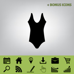 Woman`s swimsuit sign. Vector. Black icon at gray background with bonus icons at celery ones