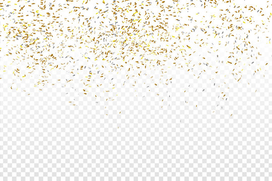 Vector realistic golden confetti on the transparent background. Concept of happy birthday, party and holidays.