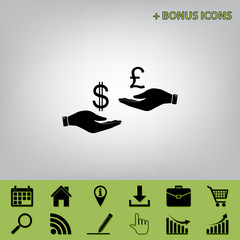 Currency exchange from hand to hand. Dollar and Pound. Vector. Black icon at gray background with bonus icons at celery ones