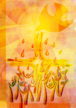 Holy Spirit, Pentecost or Confirmation symbol with a dove, people and tongues of flame or fire. Abstract modern religious digital illustration background