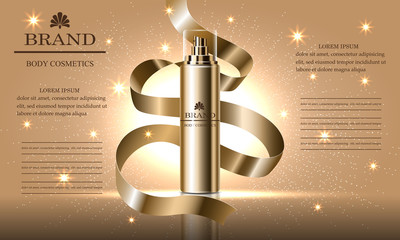 Cosmetics beauty series, ads of premium spray cream for skin care, gold ribbon. Template for design poster, placard, presentation, banners, cover, vector illustration.