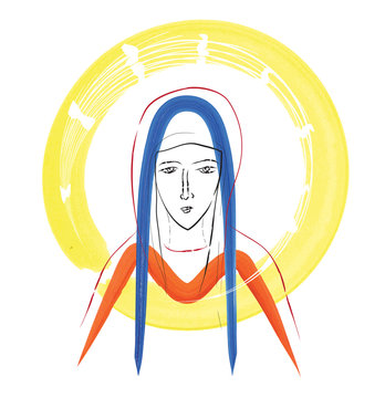 recommend clip art: Blessed Virgin Mary sketch, with "MA" monogram stylised with watercolor style lines, and yellow halo.