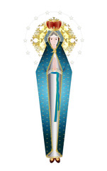 Blessed Virgin Mary - Madonna with a crown, ascension into Heaven.  Religious color design.