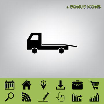 Service of evacuation sign. Wrecking car side. Car evacuator. Vehicle towing. Vector. Black icon at gray background with bonus icons at celery ones
