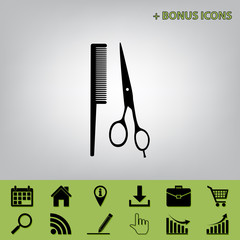 Barber shop sign. Vector. Black icon at gray background with bonus icons at celery ones