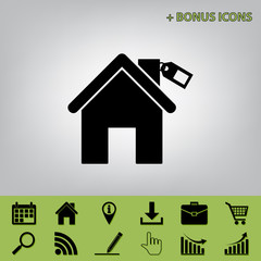 Home silhouette with tag. Vector. Black icon at gray background with bonus icons at celery ones