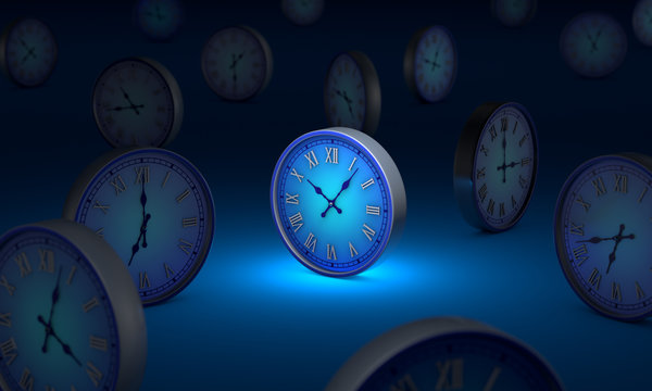 lifetime. Infinity and time. Many blue circular clock. 3D illustration.