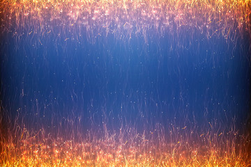 Golden abstract sparkles or glitter lights. Festive blue background. Gold defocused circles bokeh or particles. Template for design