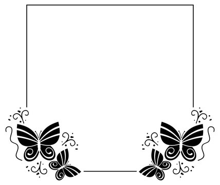 Black and white silhouette frame with butterflies. Vector clip art.