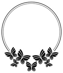 Black and white silhouette round frame with butterflies. Vector clip art.