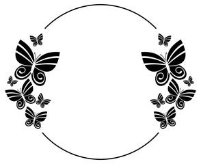 Black and white silhouette round frame with butterflies. Vector clip art.