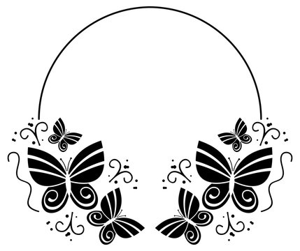 Black and white silhouette round frame with butterflies. Vector clip art.