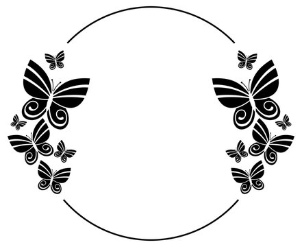 Black and white silhouette round frame with butterflies. Vector clip art.