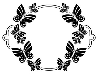 Black and white silhouette round frame with butterflies. Vector clip art.