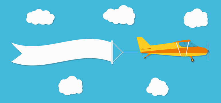 Flying advertising banner. Plane with horizontal banner on blue sky background
