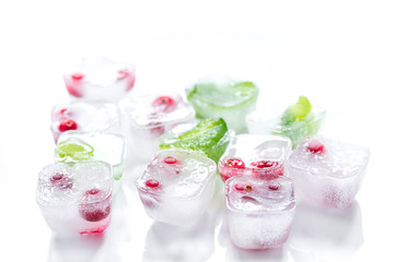 mint and red berries in ice cubes white background