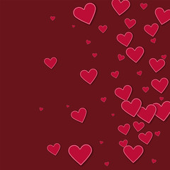 Cutout red paper hearts. Right gradient on wine red background. Vector illustration.