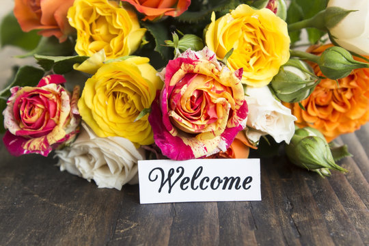 Welcome Card with Bouquet of Multicolored Roses