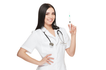 Positivity female doctor posing and showing injection with vaccine.