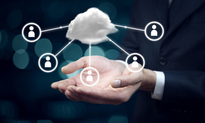 Business man with cloud and social network