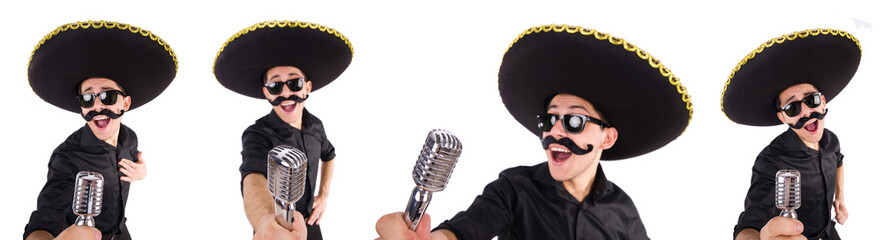 Funny man wearing mexican sombrero hat isolated on white