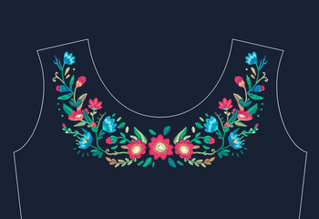 Vector floral embroidery design for neckline. Ethnic stitched ornament with flowers and leaf.