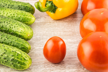 Cucumber, tomato, pepper and fennel on a white wooden background close up.