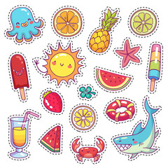 Set of cute cartoon stickers for children with sea animals, food and things in vector. Doodle patch badges with different summer holiday attributes on white background.