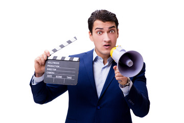 Handsome man with movie clapper isolated on white