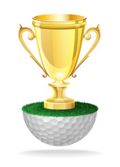 Shiny golden cup trophy on golf ball. Vector isolated illustration on white background