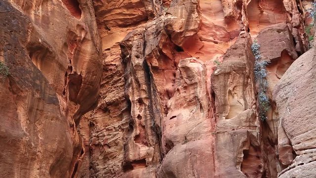 Rocks in The Siq - narrow passage, gorge that leads to ancient Petra, originally known to Nabataeans as Raqmu - historical and archaeological city in Hashemite Kingdom of Jordan