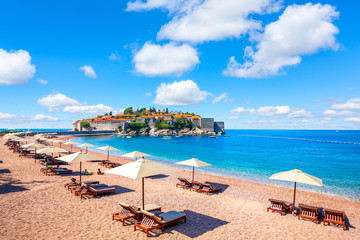 Wonderful holiday in St. Stefan, Adriatic Sea, Sveti Stefan, old historical town and resort on the island. Montenegro