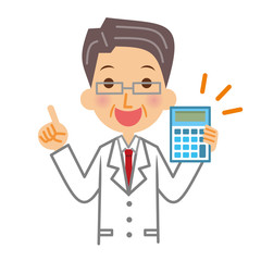 白衣の男性　電卓