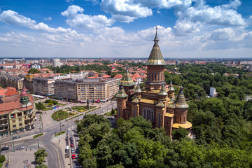 Aerial view of Orthodox Cathedral in Timisoara, Romania taken by a professional drone.