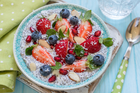 Keto Ketogenic, Paleo Low Carb Diet Not Oatmeal Breakfast Porridge. Coconut Chia Pudding With Berries, Pomegranate Seeds And Almond