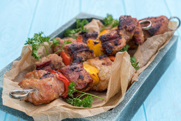Grilled pork kebab with red, yellow pepper