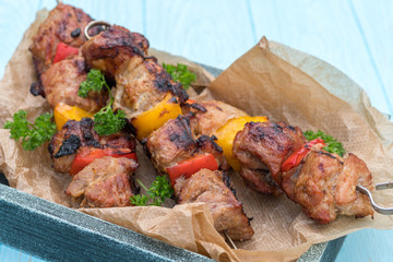 Grilled pork kebab with red, yellow pepper