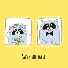 Raccoons groom and bride in hand-drawn style. The inscription save the date. Vector illustration.