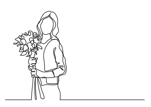 standing woman with flowers - continuous line drawing
