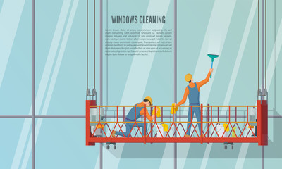 Cleaning team staff cleaning windows skyscrapers with cleaning tools, vector illustration