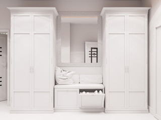 3d illustration hall interior design in classic style. Render the hallway is made without textures and materials in gray tones.