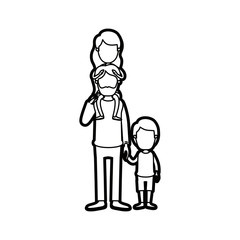 Obraz premium caricature thick contour faceless bearded father with girl on his back and boy taken hands vector illustration