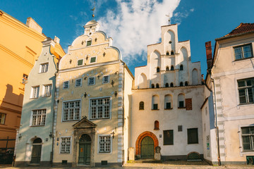 Fototapeta na wymiar Riga, Latvia. Famous Landmark Three Brothers Buildings. Old Houses
