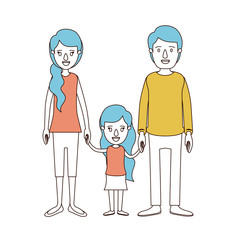 caricature color sections and blue hair of family with young father and mom with side ponytail hair with little girl taken hands vector illustration