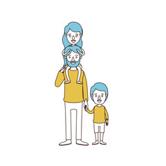 caricature color sections and blue hair of bearded father with girl on his back and boy taken hands vector illustration