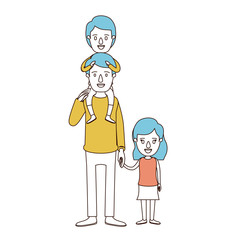 caricature color sections and blue hair of dad with boy on his back and girl taken hands vector illustration