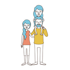 caricature color sections and blue hair of family with mother and father with moustache and girl on his back vector illustration