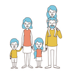 caricature color sections and blue hair of big family parents with girl on his back and children taken hands vector illustration