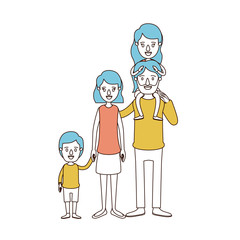 caricature color sections and blue hair of big family parents with girl on his back and son taken hands vector illustration